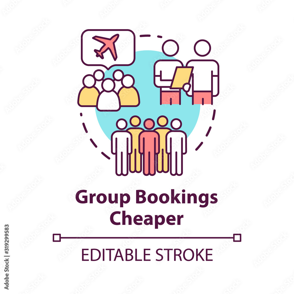 Group booking cheaper concept icon. Collective tour reservation discounts idea thin line illustration. Tourists traveling together vector isolated outline RGB color drawing. Editable stroke