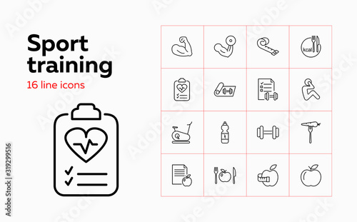 Sport training icons. Set of line icons on white background. Bodybuilding, sport nutrition, dieting. Fitness concept. Vector can be used for topics like sport, healthcare, healthy lifestyle