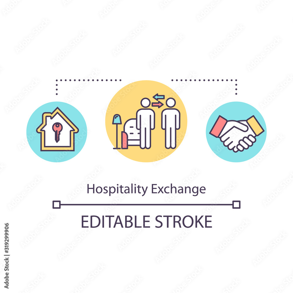 Hospitality exchange concept icon. Budget travel, free accommodation idea thin line illustration. Low cost tourism, mutual benefit. Vector isolated outline RGB color drawing. Editable stroke
