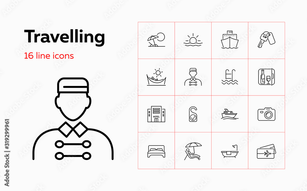 Travelling icons. Set of line icons on white background. Cruise, vacation, sea ship, hotel. Vector illustration can be used for topics like travelling, vacation Travelling icons. Set of line icons on white background. Cruise, vacation, sea ship, hotel. Vector illustration can be used for topics like travelling, vacation