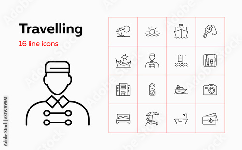 Travelling icons. Set of line icons on white background. Cruise, vacation, sea ship, hotel. Vector illustration can be used for topics like travelling, vacation