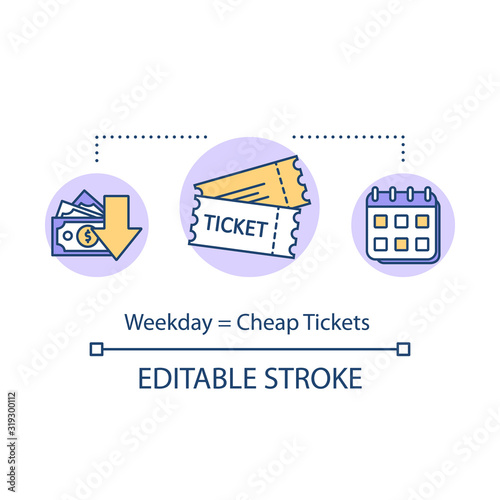 Weekday equals cheap tickets concept icon. Budget tourism, cost effective booking idea thin line illustration. Ordering tour beforehand. Vector isolated outline RGB color drawing. Editable stroke