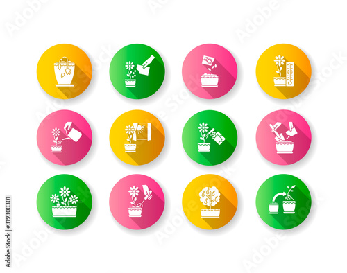 Houseplant care flat design long shadow glyph icons set. Domestic plant cultivation. Repotting, spraying plants. Planting flower seeds. Watering, fertilizing. Silhouette RGB color illustration