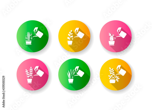 Houseplant care flat design long shadow glyph icons set. Indoor gardening process. Watering domestic plants. Moisturizing, rehydrating soil. Moistening ground. Silhouette RGB color illustration