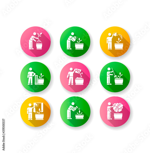 Indoor gardening stages flat design long shadow glyph icons set. Houseplant caring. Repotting, watering. Fertilizing, spraying. Propagating flowers. Silhouette RGB color illustration