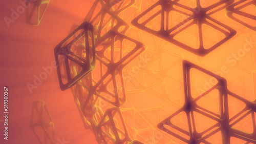 Abstract 3d rendering concept of high poly sphere with chaotic mesh grid cellular mulecular structure. Sci-fi background with polygonal shape in empty space with light god rays. Futuristic design bio