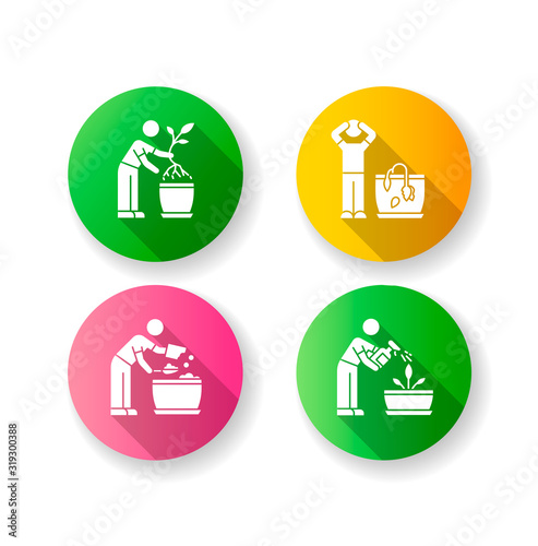 Indoor gardening stages flat design long shadow glyph icons set. Plant cultivation. Replanting, repotting plants. Wilting flower. Preparing soil for planting. Silhouette RGB color illustration