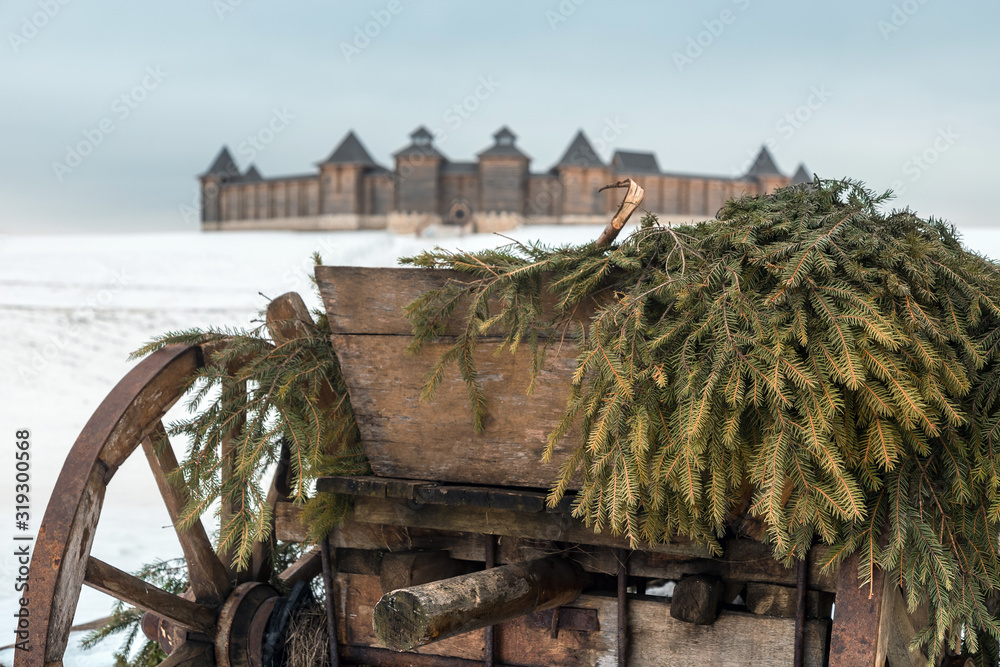 Obraz premium Wooden cart on springs in the yard on a winter cloudy day. The cart is loaded with hay covered with a thin layer of snow.