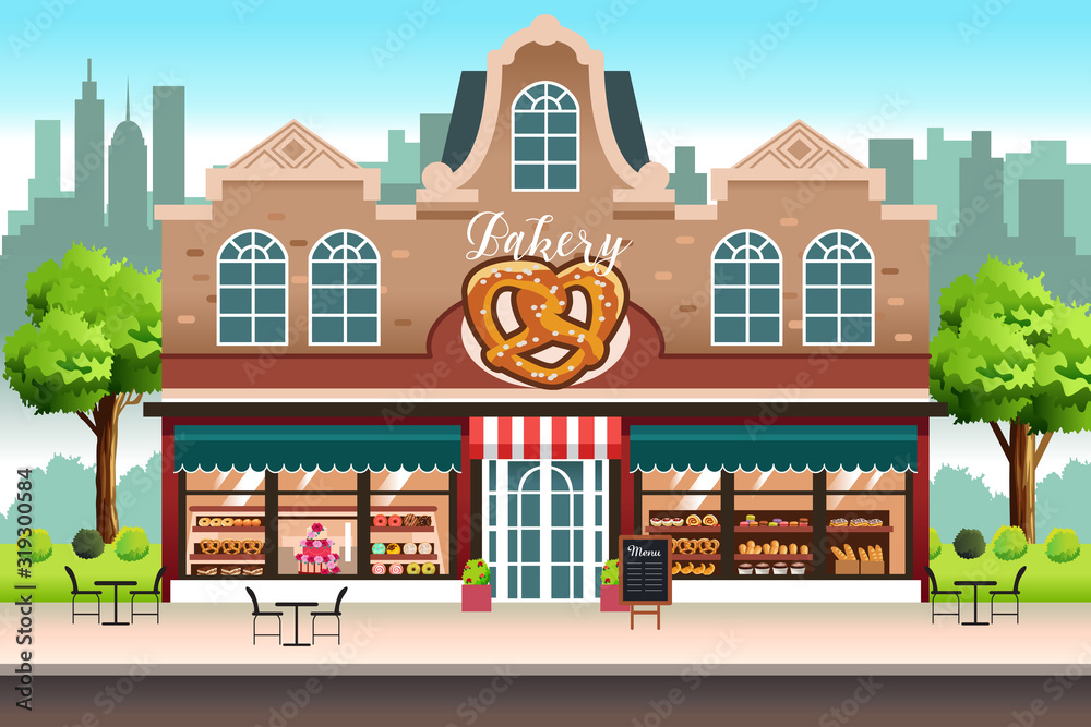 French Bakery Shop Store Vector Illustration