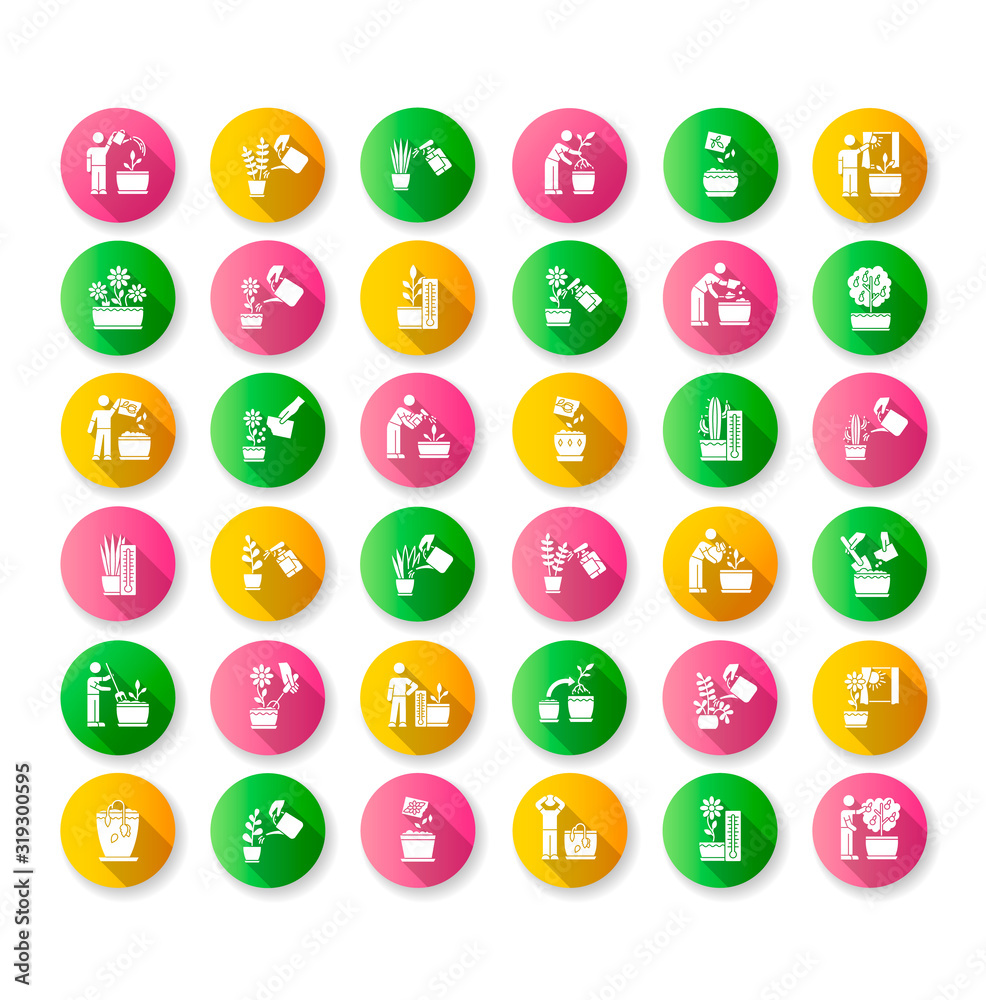 Houseplant care flat design long shadow glyph icons set. Indoor gardening. Domestic plant cultivation. Repotting, replanting. Planting seeds. Watering, soil fluffing. Silhouette RGB color illustration Houseplant care flat design long shadow glyph icons set. Indoor gardening. Domestic plant cultivation. Repotting, replanting. Planting seeds. Watering, soil fluffing. Silhouette RGB color illustration
