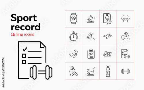 Sport record icons. Set of line icons. Jogging, muscle, pulse trace. Fitness concept. Vector illustration can be used for topics like sport, healthy lifestyle, training