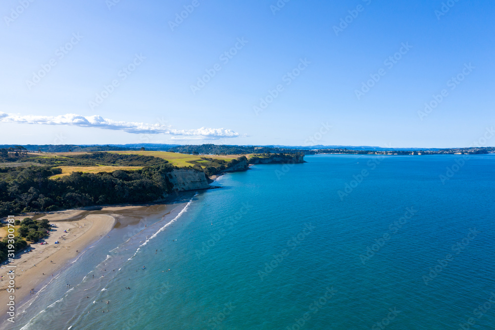 Aerial View of Long Bay, Beach, Park in Auckland, New Zealand
