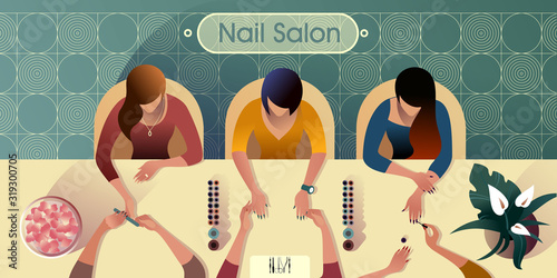 Nail Salon, modern city life illustration. Top view vector mockup for a layout landing page or design advertising banner.
