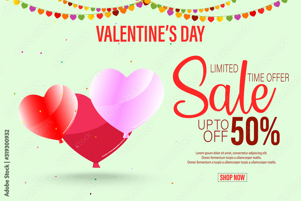 Valentine's Day sale background. Romantic colorful with hearts . Vector illustration for website, posters,ads, coupons, promotional material.