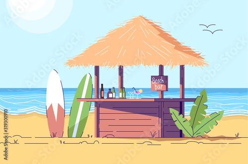 Empty beach bar counter and surfboards flat doodle illustration. Seaside scenery. Outdoor cafe on seashore. Exotic country. Indonesia tourism 2D cartoon character with outline for commercial use