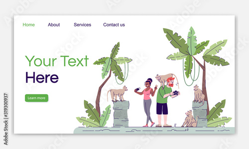 Sacred monkey forest in Bali landing page vector template. Indonesia tourism. Tourists taking photos website interface idea with flat illustration. Homepage layout. Web banner, webpage cartoon concept