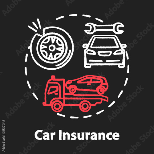 Car insurance chalk RGB color concept icon. Auto wreck. Collision damage. Accident coverage. Personal property fix idea. Vector isolated chalkboard illustration on black background