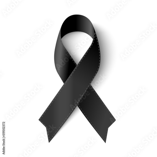 Vector Black awareness ribbon with stitch on white background for Mourning  symbol.  Vector illustration