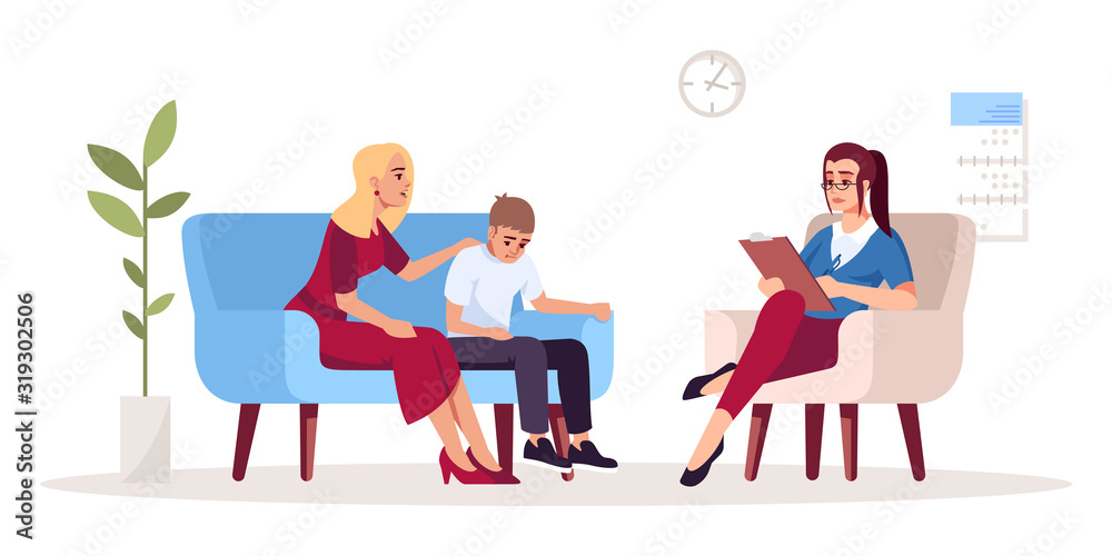 Family therapy session semi flat RGB color vector illustration. Mother and son. Parenting problems. Transitional age. Psychology consultation. Isolated cartoon character on white background