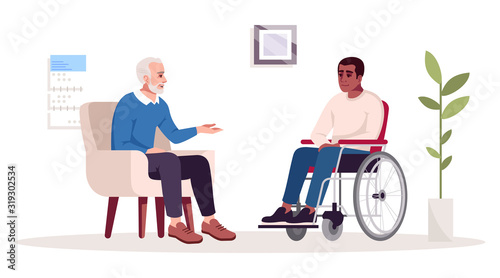 Private psychotherapy session semi flat RGB color vector illustration. Post-traumatic stress. Rehabilitation. Psychologists office. Psychology consultation. Isolated cartoon character on white
