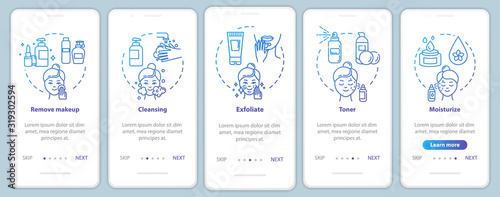 Skicare onboarding mobile app page screen with concepts. Regular masks, facebuilding. Cosmetology walkthrough 5 steps graphic instructions. UI vector template with RGB color illustrations