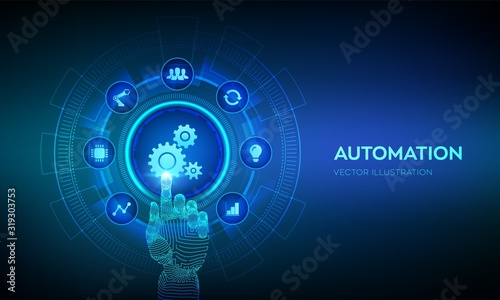 Automation Software. IOT and Automation concept as an innovation, improving productivity in technology and business processes. Robotic hand touching digital interface. Vector illustration.