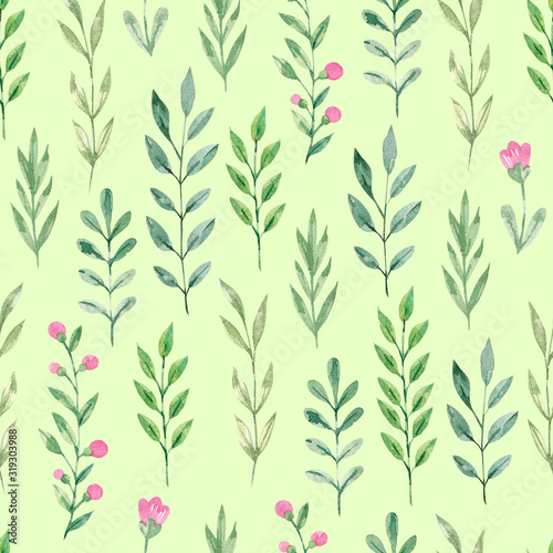 Spring seamless pattern with hand drawn watercolor green branches and flowers. Isolated illustration