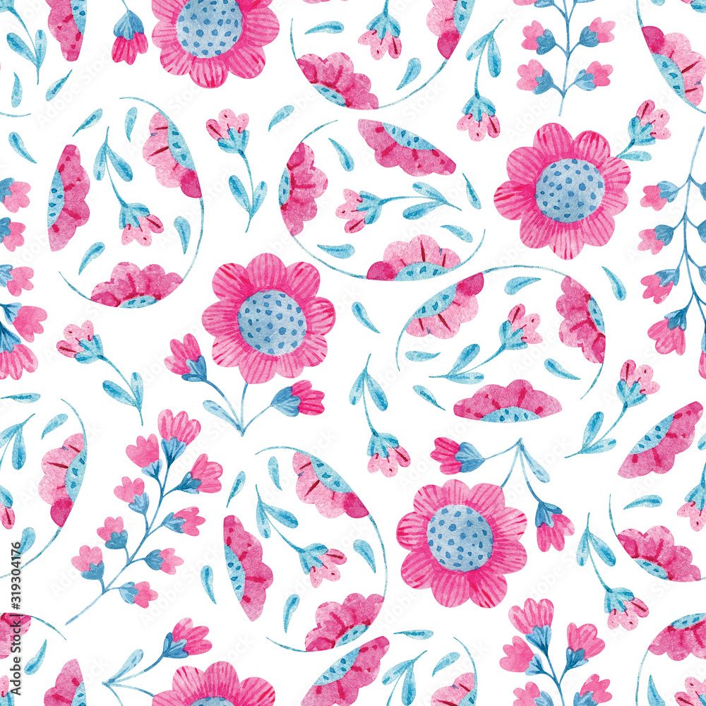 Fototapeta premium Cute seamless pattern with flowers and easter eggs silhouette.
