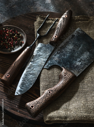 Stylish Butcher's Set: cleaver, knife and fork. Top view