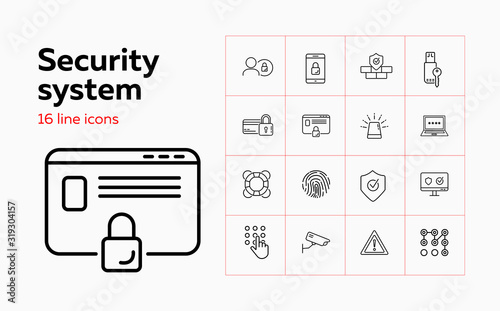 Security system line icon set. Alarm signal, credit card, memory stick with key. Protection concept. Can be used for topics like secured payment, data safety, protected access