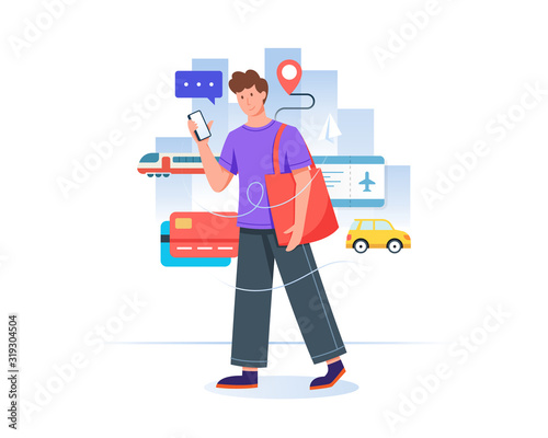 Young man with mobile phone booking online ticket