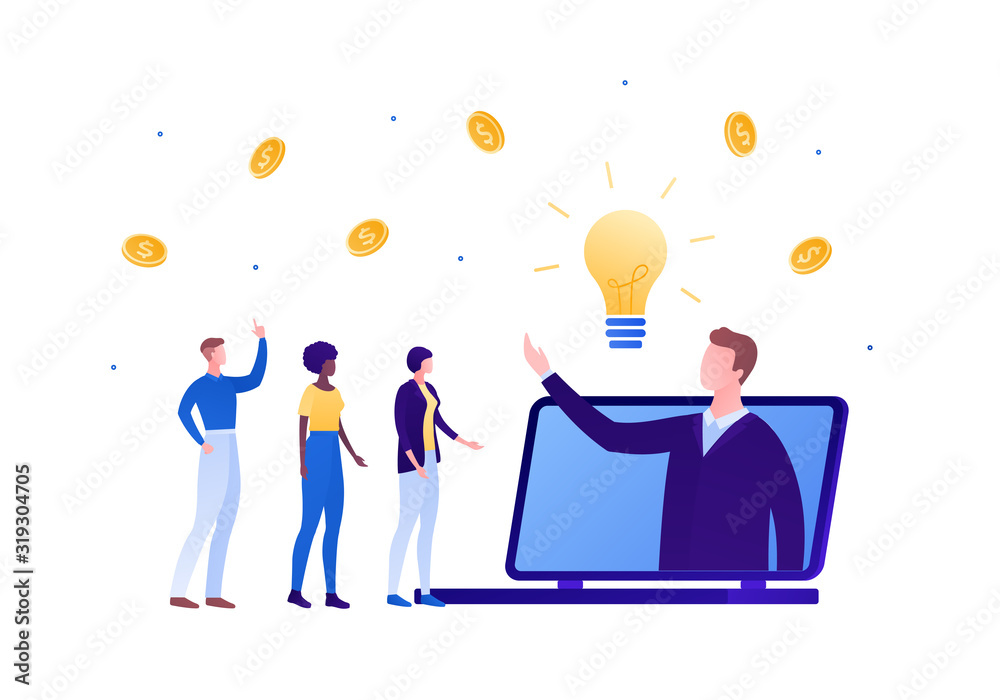 Online business education concept. Vector flat person illustration. Male teacher in suit at laptop computer screen with money and light bulb. Design element for banner, poster, infographic, background Online business education concept. Vector flat person illustration. Male teacher in suit at laptop computer screen with money and light bulb. Design element for banner, poster, infographic, background