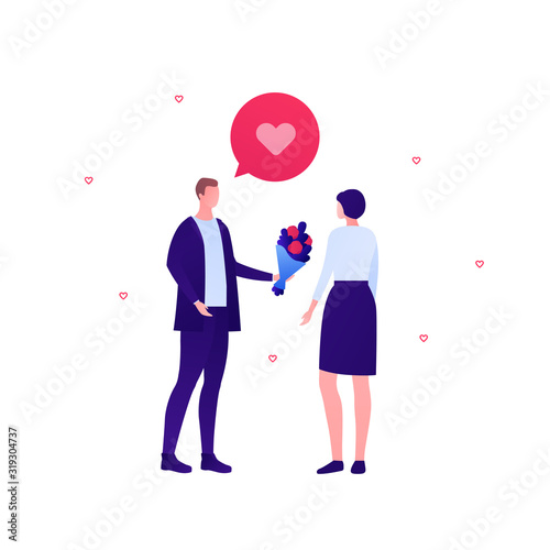 Love relatioship concept. Vector flat person modern illustration. Couple of male and female talking with flower bouquet and talk bubble with heart shape. Design element for valentine holiday banner.