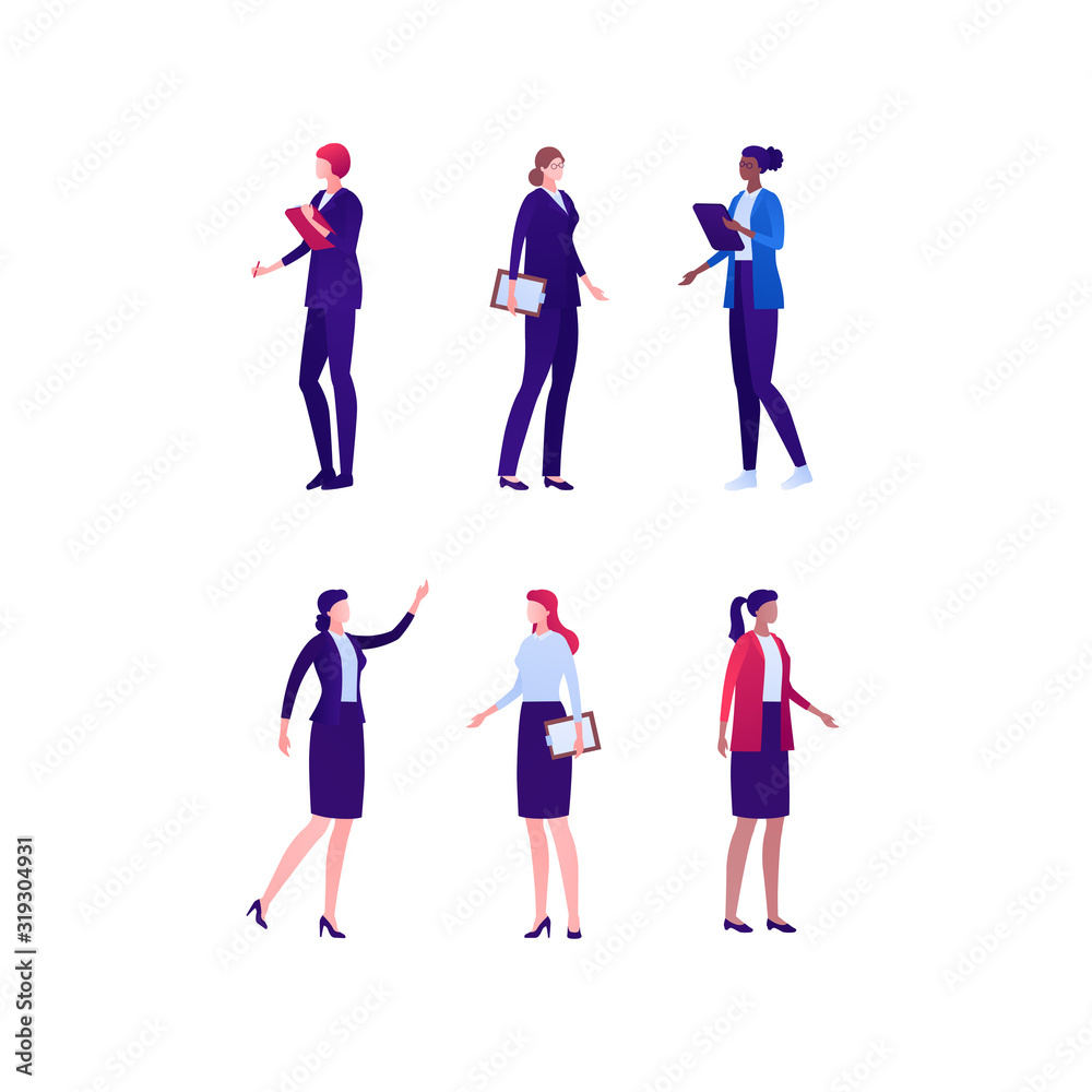 Business female diverse team concept. Vector flat person illustration set. Businesswoman of different ethnic collection isolated on white. Design element for banner, infographic poster, web background