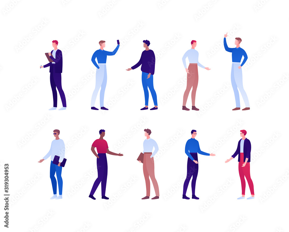 Business and casual work fashion male concept. Vector flat person illustration set. Men of different ethnic standing isolated on white. Design element for banner, infographic poster, web background