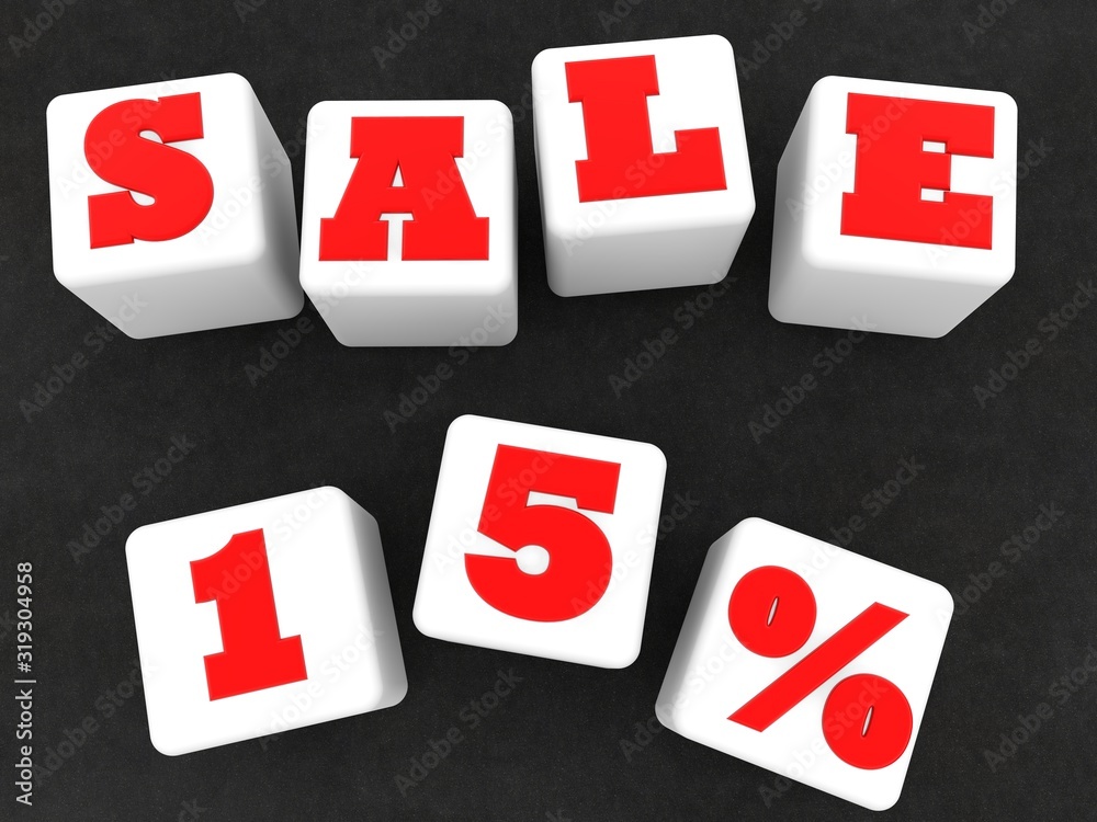 White toy cubes with 15% discount on asphalt background White toy cubes with 15% discount on asphalt background
