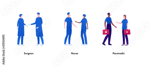 Medical profession people set. Vector flat person illustration. Group of male and female surgeons in mask, nurse and paramedic with first aid kit. Design element for banner, poster, background, print.