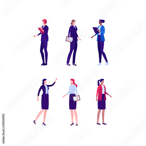 Business female diverse team concept. Vector flat person illustration set. Businesswoman of different ethnic collection isolated on white. Design element for banner  infographic poster  web background