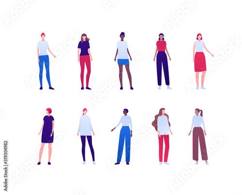 Casual female fashion concept. Vector flat person illustration set. Women of different ethnic standing in full face isolated on white. Design element for banner  infographic poster  web background