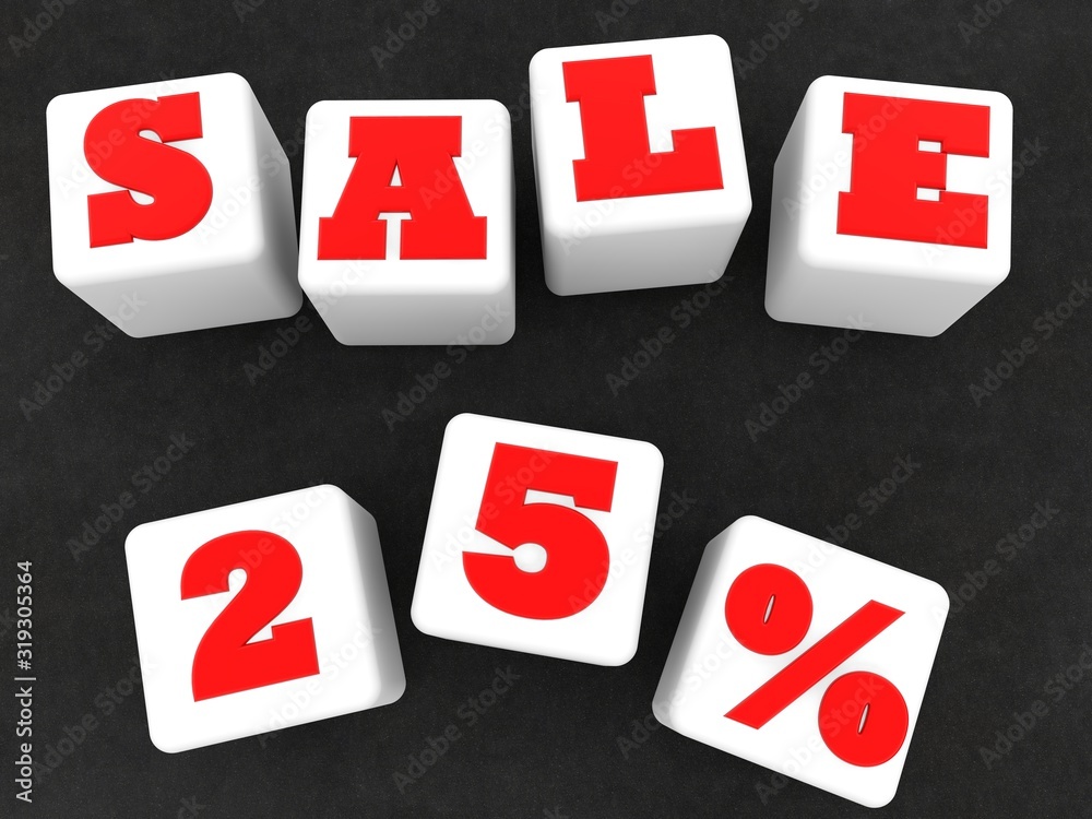 White toy cubes with 25% discount on asphalt background White toy cubes with 25% discount on asphalt background