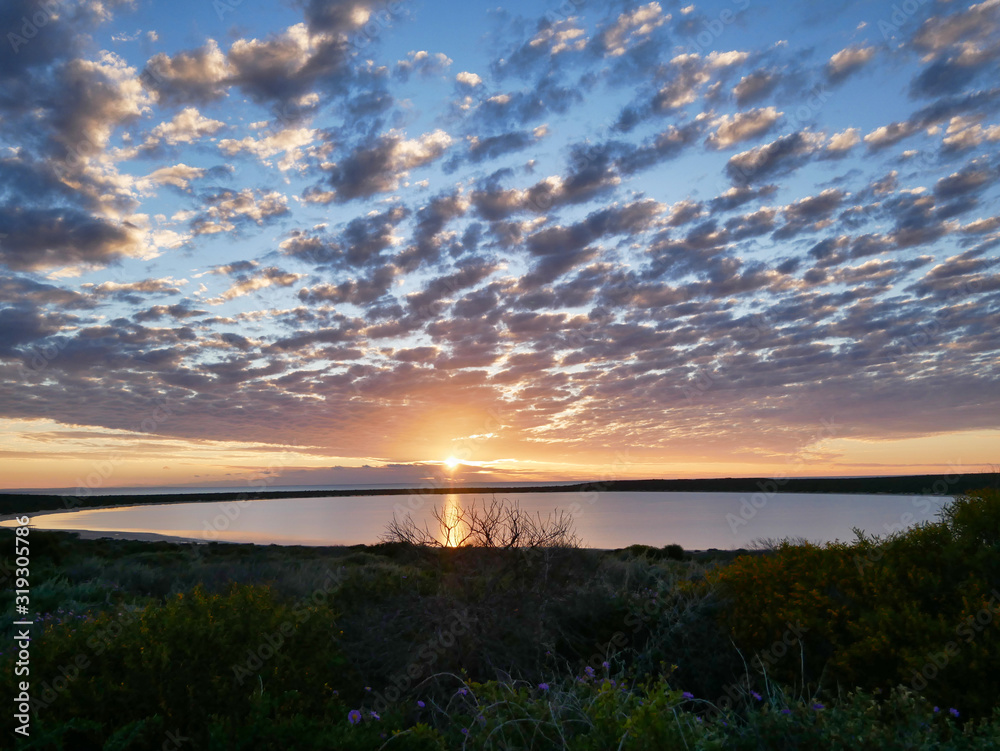 Obraz premium Beautiful sunset aat a lake in Australia with some bushes and dramatic clouds