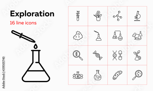 Exploration icons. Set of line icons on white background. Scientific experiment, molecule, bacteria. Biotechnology concept. Vector can be used for topics like chemistry, laboratory, medicine