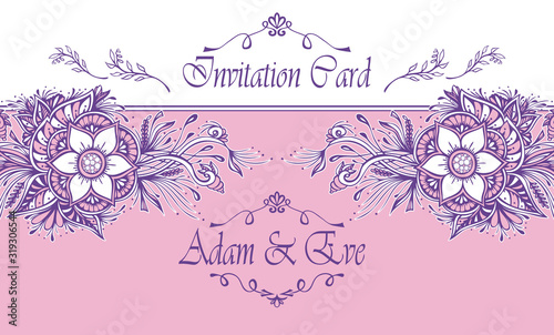 Template Wedding Invitation or congratulation with abstract flowers or bouquet in pink lilac white or for Post Card or for flourish decoration flyer or banner of cosmetic or perfume