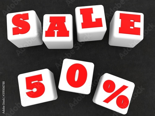 White toy cubes with 50% discount on asphalt background