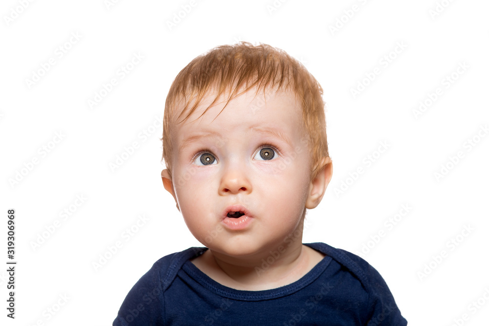 portrait of a surprised child with wide eyes from unexpected emotions, eyes looking up, Toddler isolated on a white background. portrait of a surprised child with wide eyes from unexpected emotions, eyes looking up, Toddler isolated on a white background.