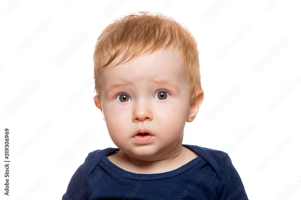 portrait of a surprised child with wide eyes from unexpected emotions, Toddler isolated on a white background. portrait of a surprised child with wide eyes from unexpected emotions, Toddler isolated on a white background.