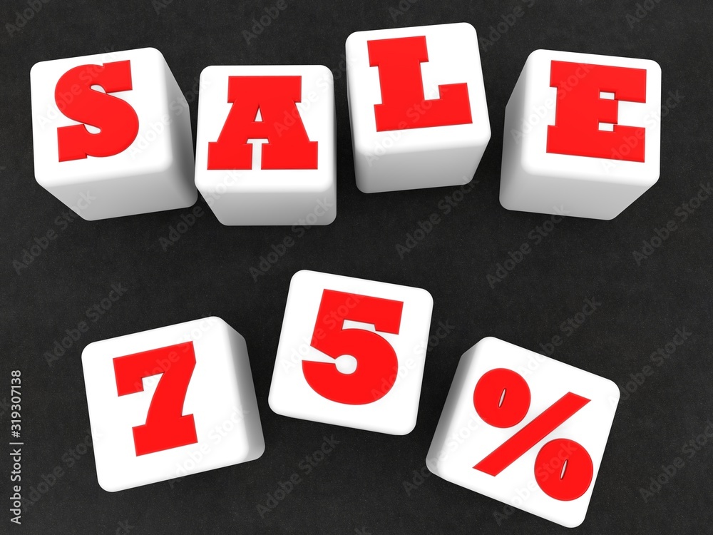 White toy cubes with 75% discount on asphalt background White toy cubes with 75% discount on asphalt background