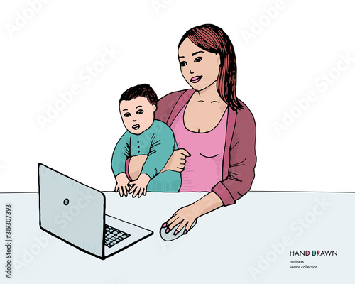 Hand drawn sketch of young mom working on laptop holding her baby boy. Mother with baby son studying. White background