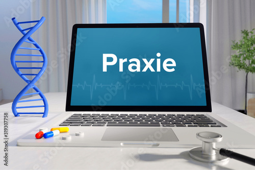 Praxie – Medizin/Gesundheit. Computer im Büro mit Begriff auf dem Bildschirm. Arzt/Gesundheitswesen