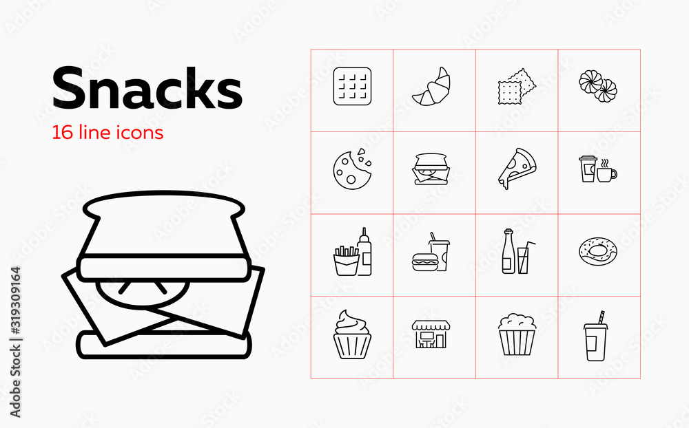 Snacks icons. Set of line icons. Pizza, sandwich, French fries. Fast food concept. Vector illustration can be used for topics like food, unhealthy eating, menu Snacks icons. Set of line icons. Pizza, sandwich, French fries. Fast food concept. Vector illustration can be used for topics like food, unhealthy eating, menu